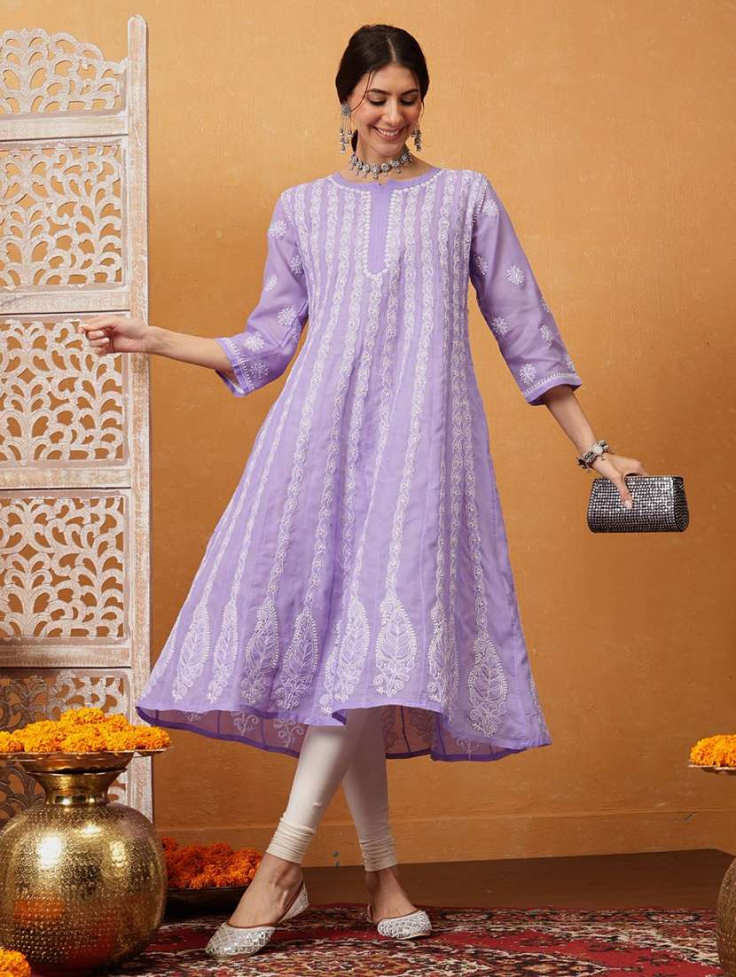 women chikankari three quarter sleeve anarkali kurta
