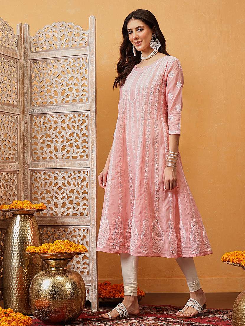 women chikankari three quarter sleeve anarkali kurta - 21932030 -  Standard Image - 3