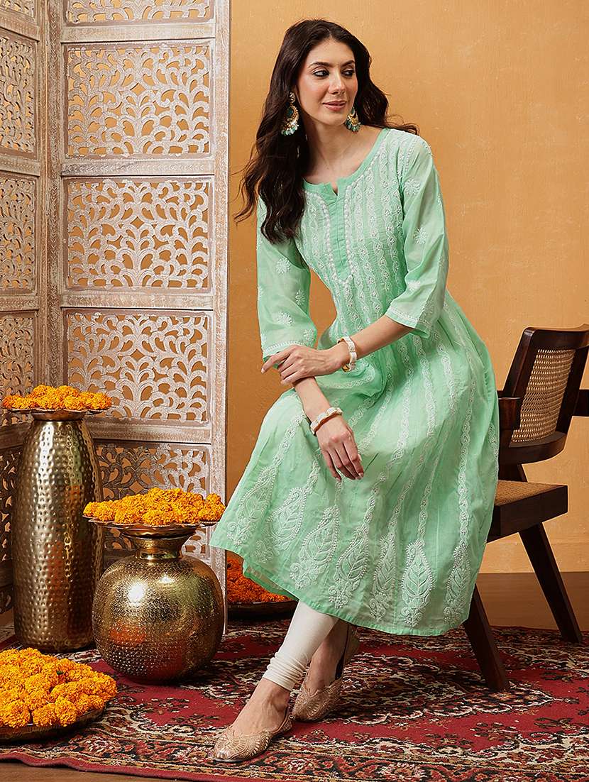 women chikankari three quarter sleeve anarkali kurta