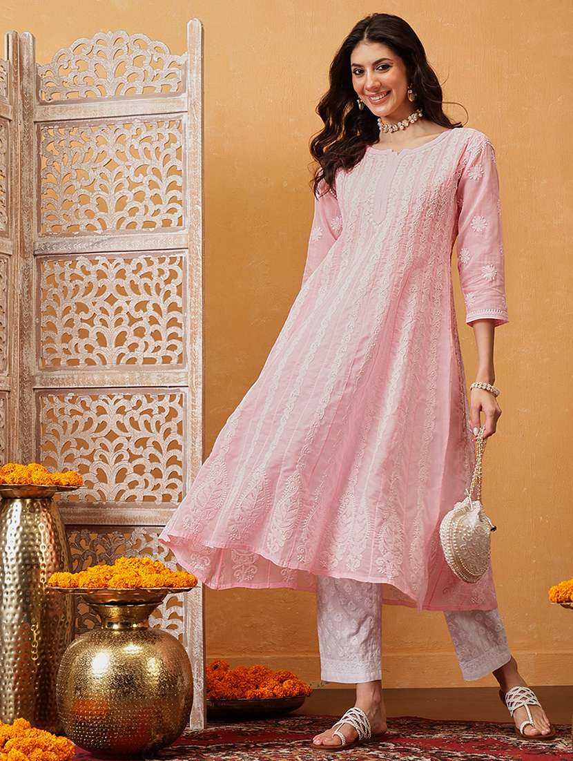 women chikankari three quarter sleeve anarkali kurta