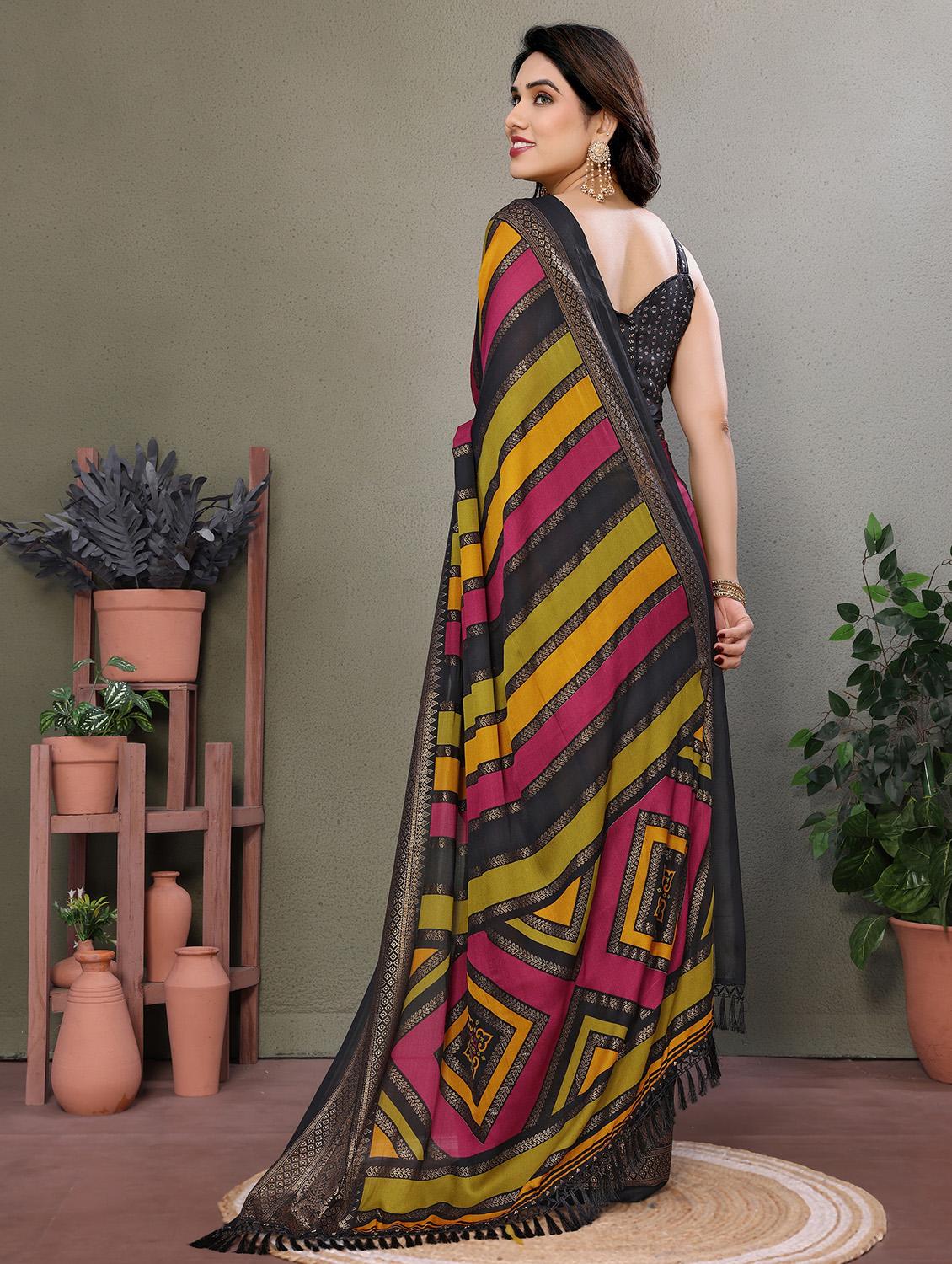 women striped printed saree with blouse - 21932117 - Standard Image - 3