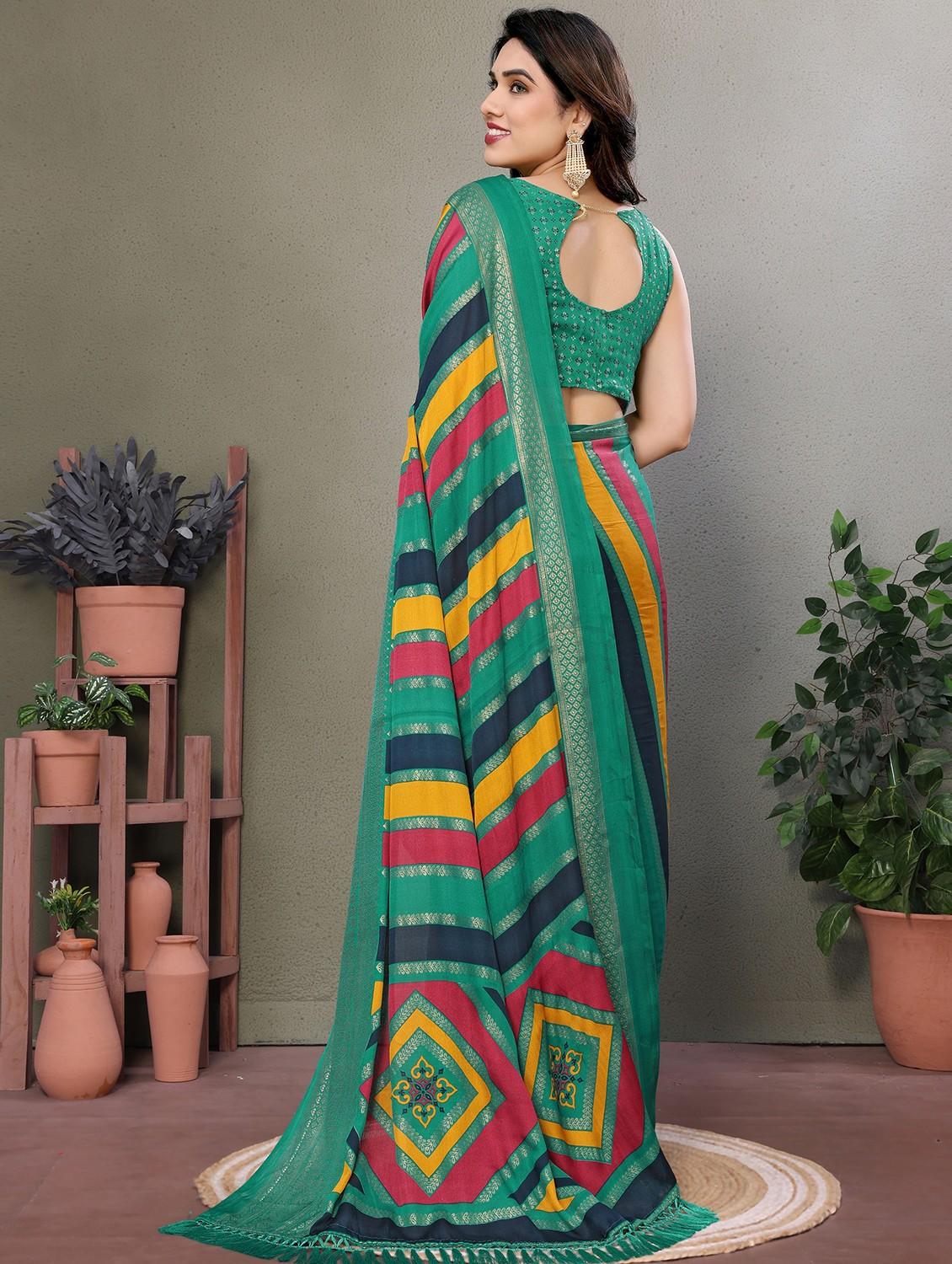 women striped printed saree with blouse - 21932123 - Standard Image - 3