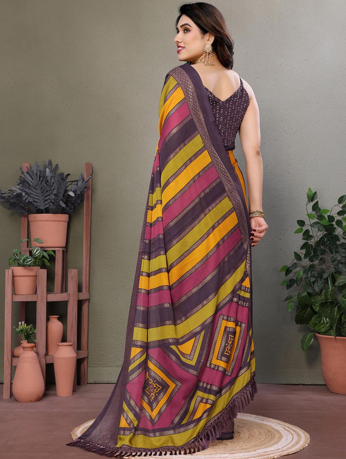 women striped printed saree with blouse - 21932124 - Standard Image - 3