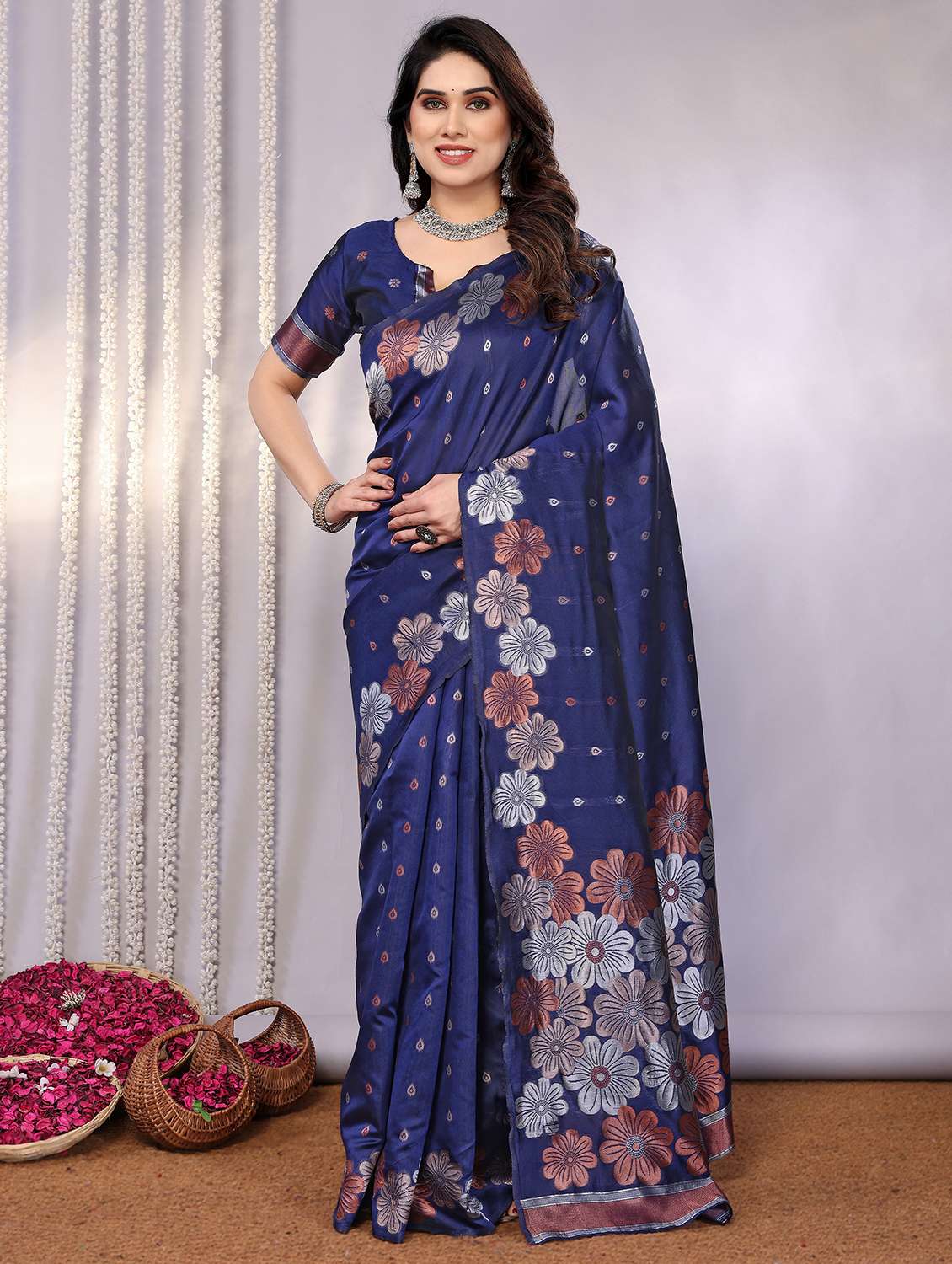 women blue banarasi saree with blouse