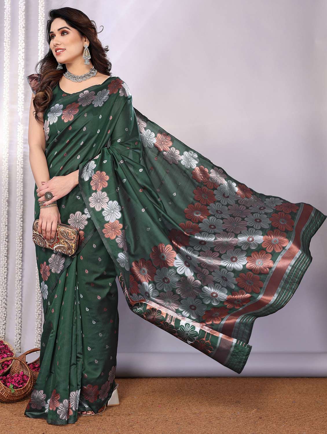 women green banarasi saree with blouse