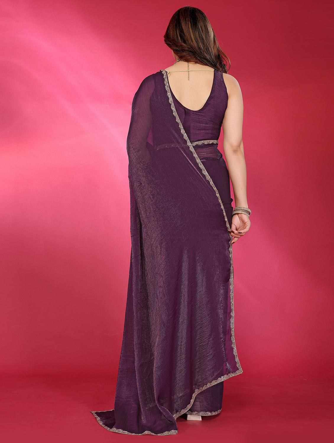 women solid plain embellished bordered saree with blouse - 21932185 - Standard Image - 3