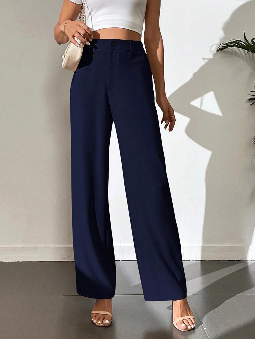 women solid high rise straight fit trouser