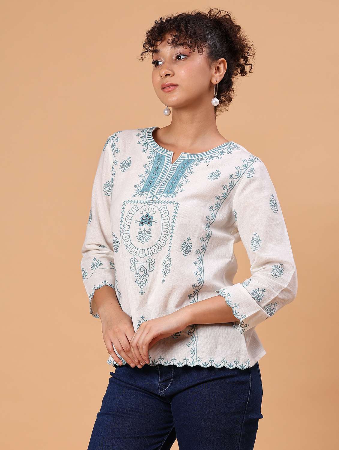 women embroidered notch neck a-line kurti - 21932545 -  Standard Image - 3