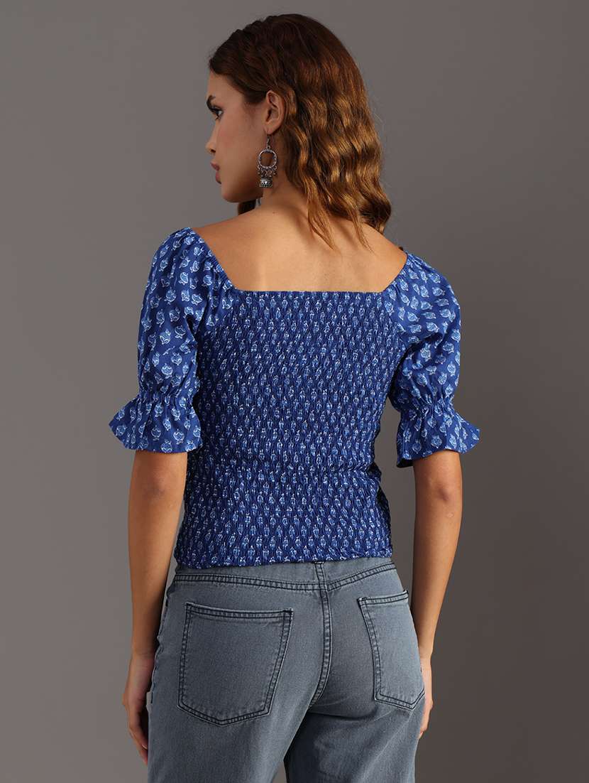 Women Printed Puff Sleeve Smocked Crop Top - 21932614 -  Standard Image - 3