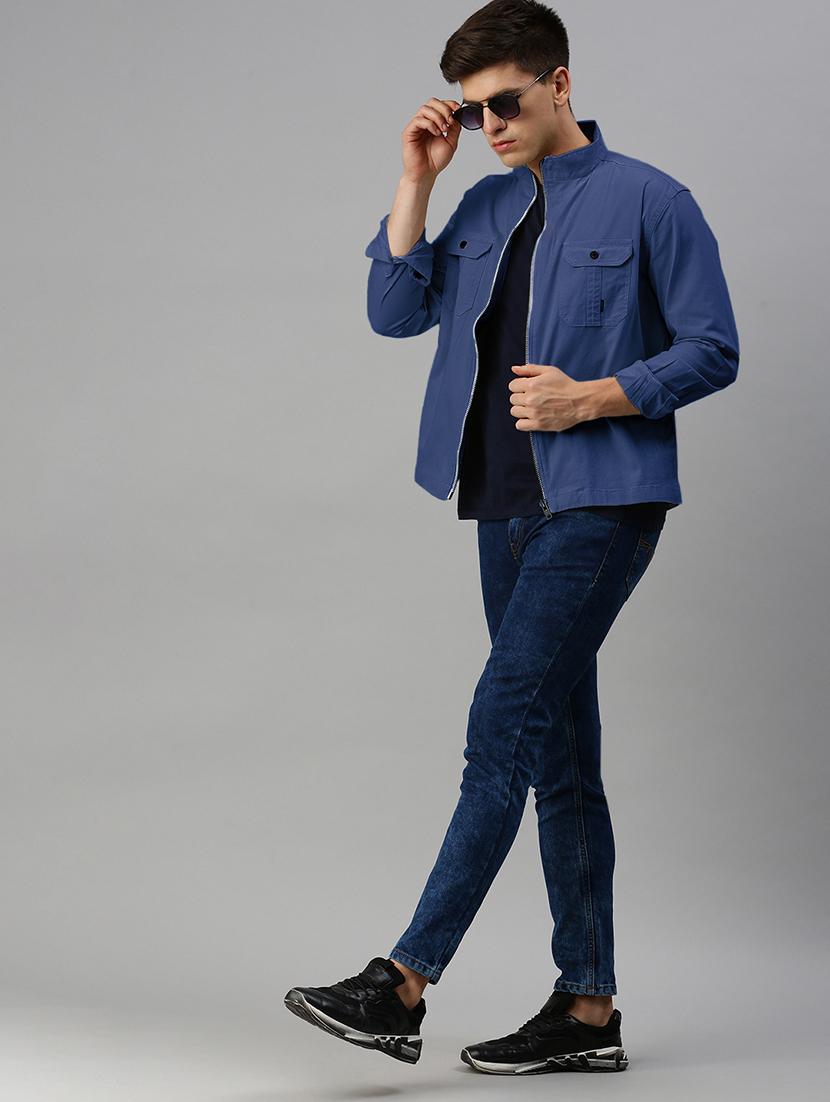 men blue solid long sleeve casual jacket - 21933400 - Standard Image - 5
