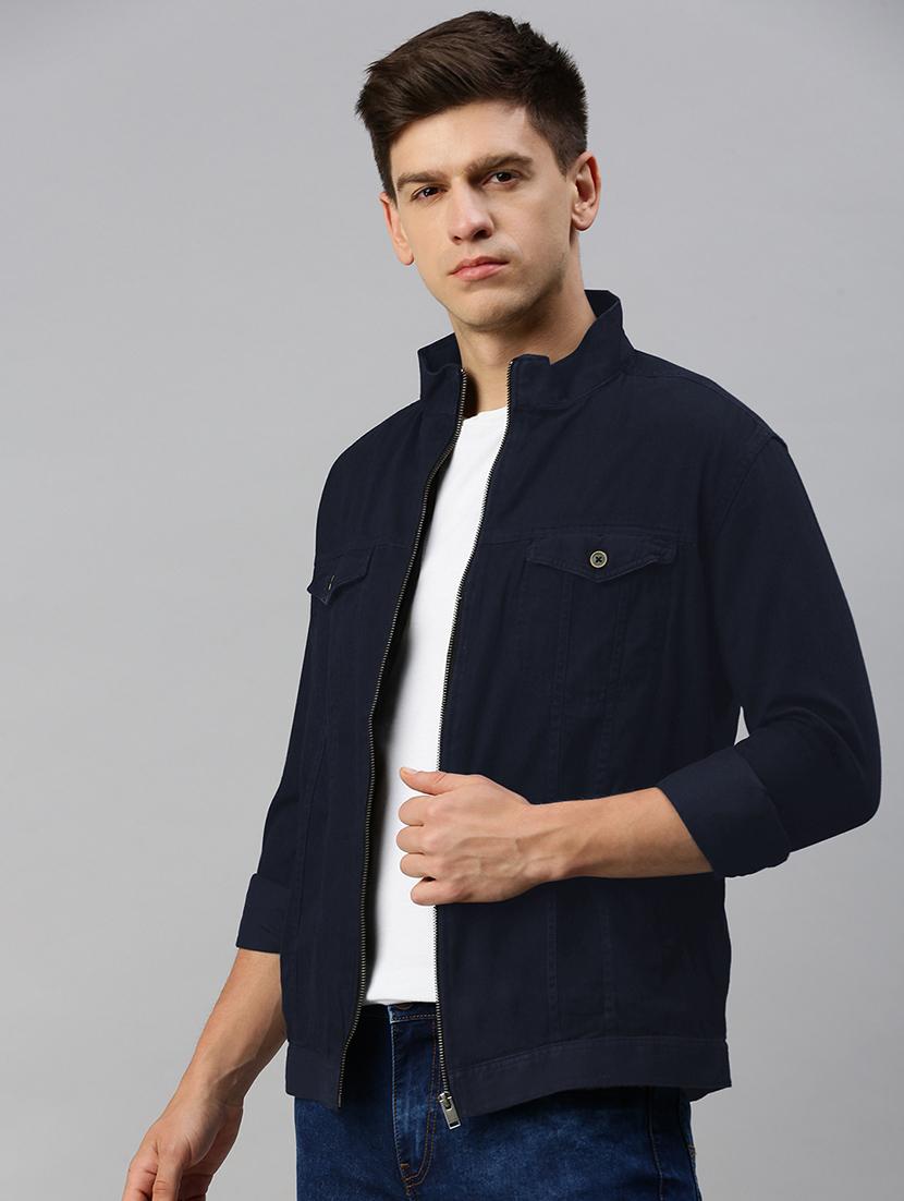 men navy blue solid long sleeve casual jacket - 21933401 - Standard Image - 3