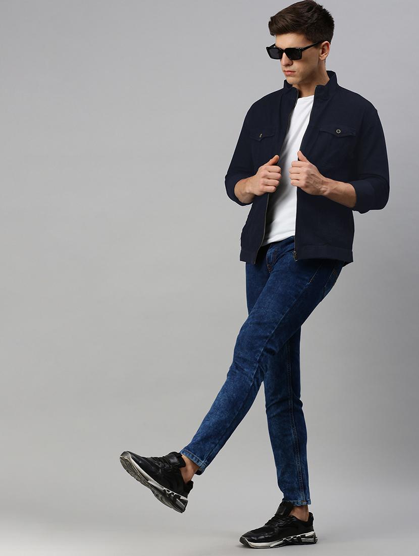 men navy blue solid long sleeve casual jacket - 21933401 - Standard Image - 5