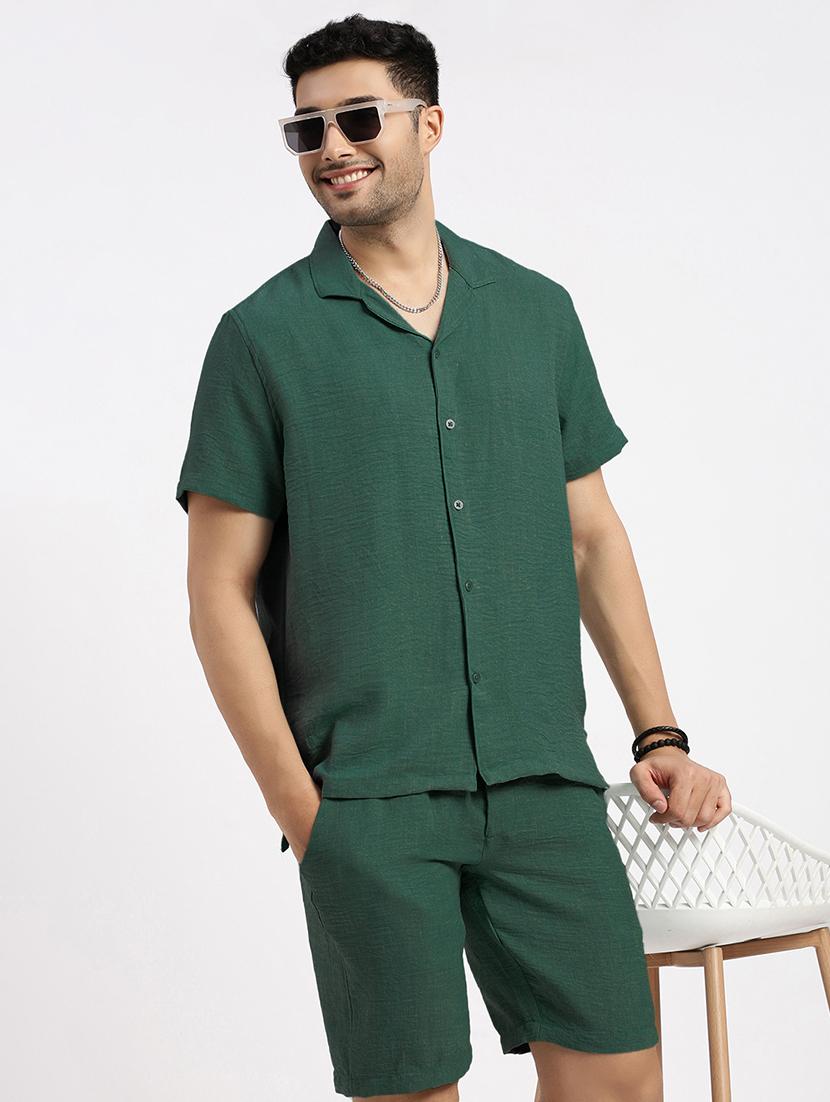 men's solid green cotton blend co-ord set