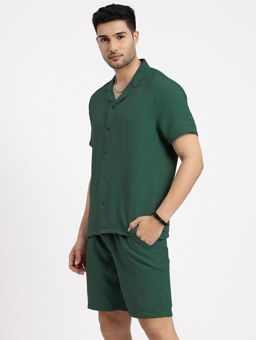 men's solid green cotton blend co-ord set - 21933410 - Standard Image - 3