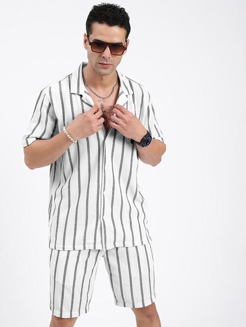 men's white and grey striped cotton co-ord set - 21933412 - Standard Image - 0