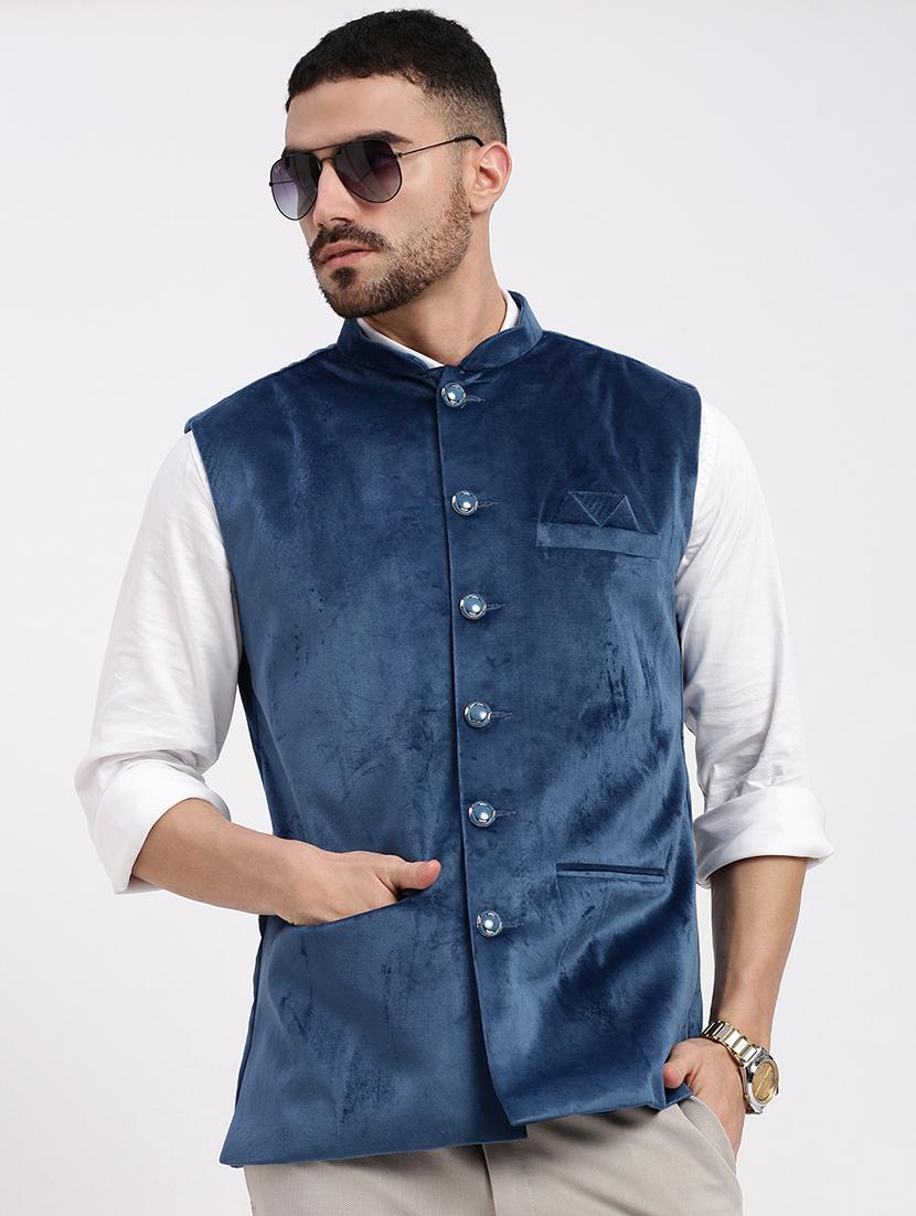 mens blue velvet mandarin collar nehru jacket - 21933416 - Zoom Image - 0