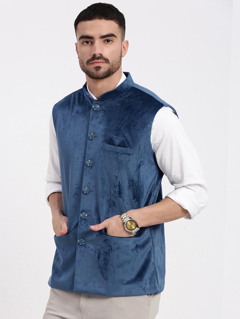 mens blue velvet mandarin collar nehru jacket - 21933416 - Standard Image - 3