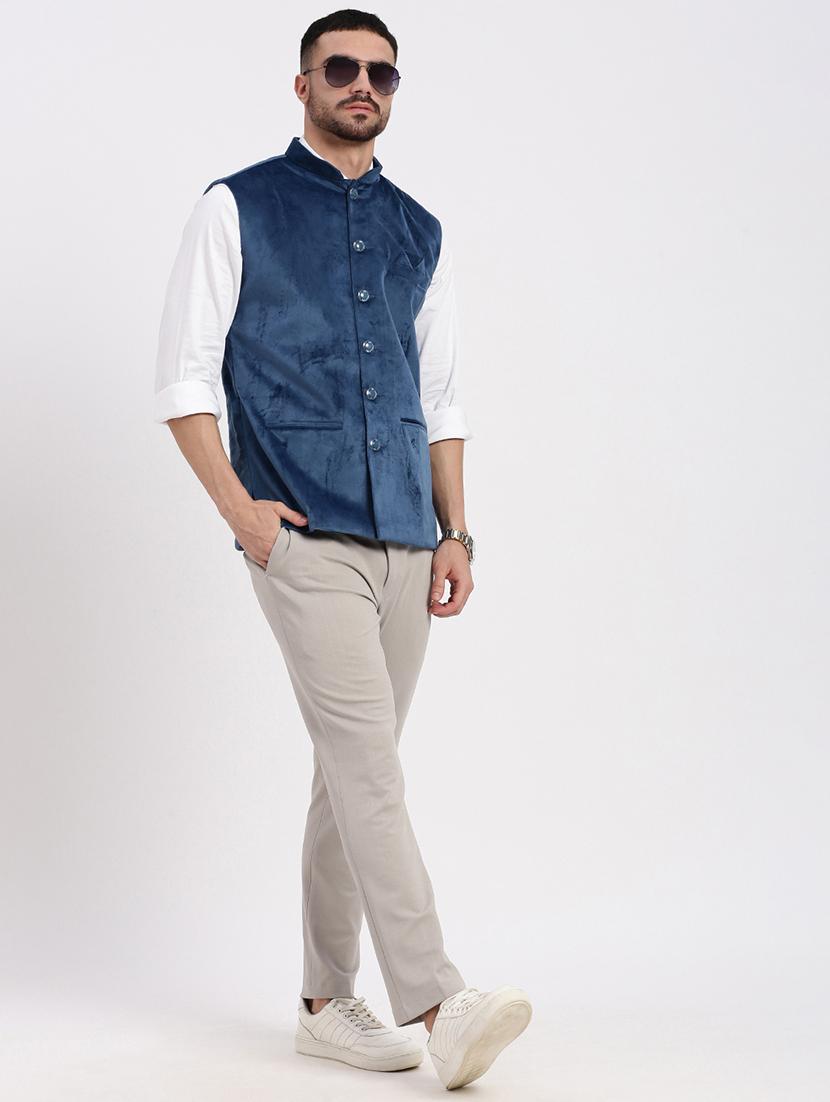 mens blue velvet mandarin collar nehru jacket - 21933416 - Standard Image - 5