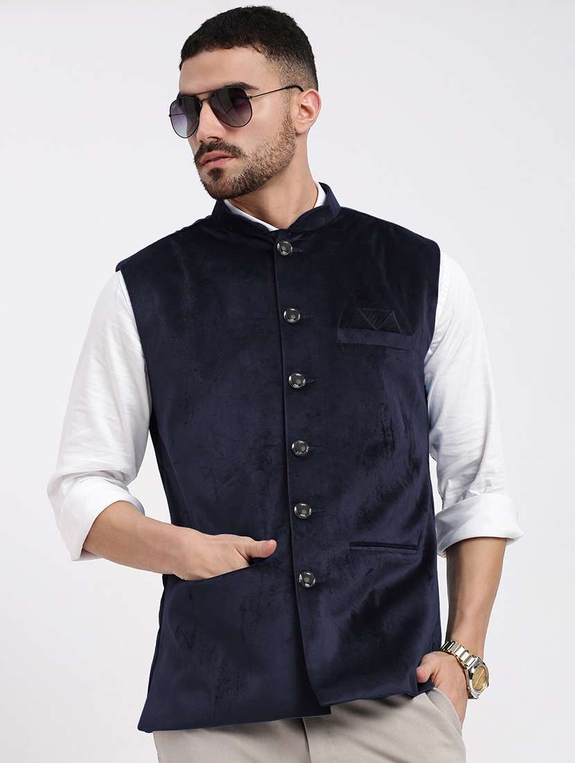 men's solid velvet sleeveless nehru jacket