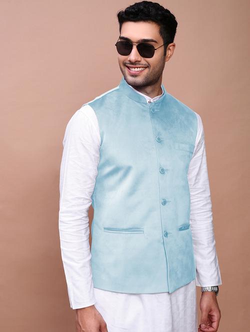 men's light blue velvet festive nehru jacket - 21933419 - Standard Image - 0