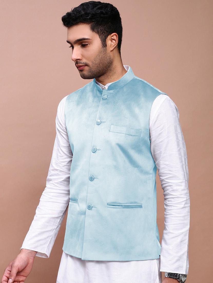 men's light blue velvet festive nehru jacket - 21933419 - Standard Image - 3