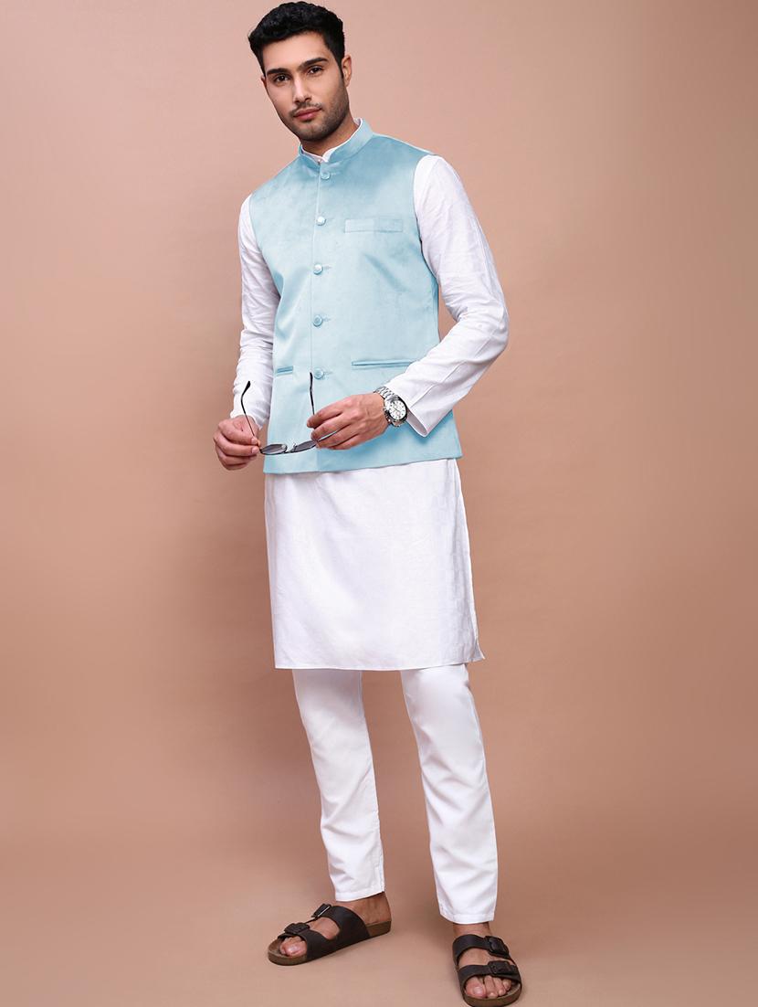 men's light blue velvet festive nehru jacket - 21933419 - Standard Image - 5