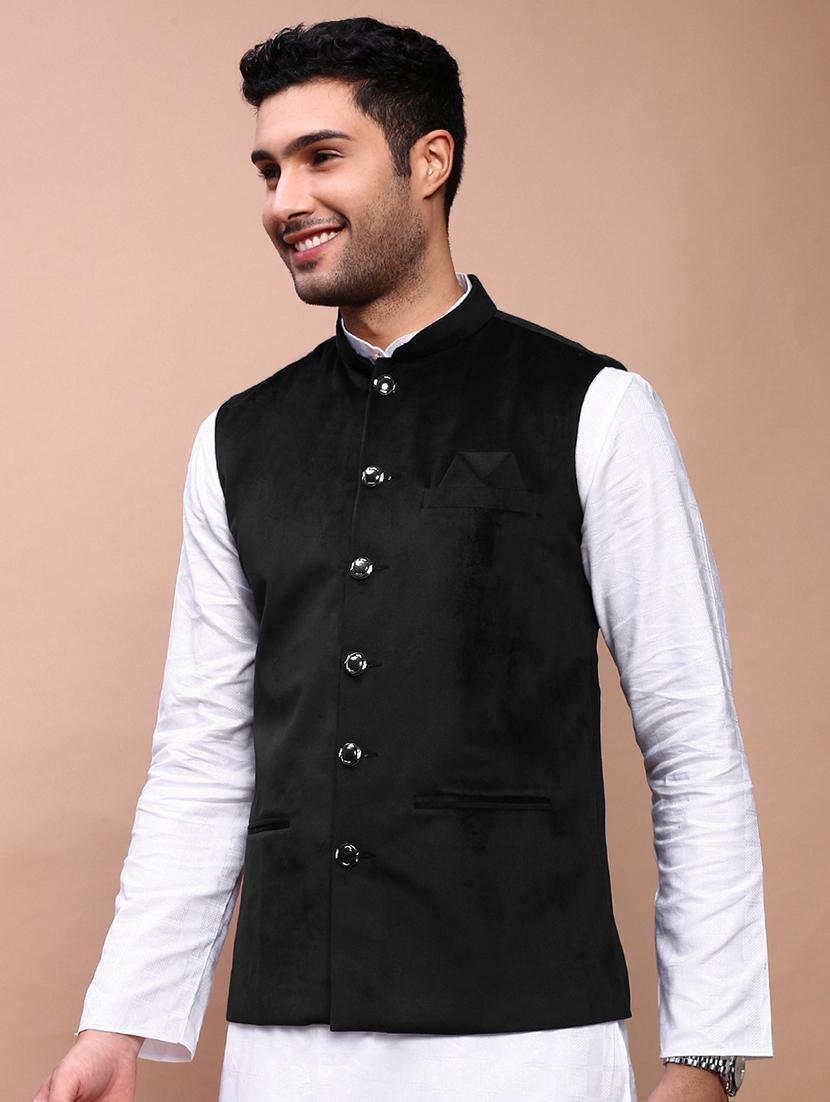 men's black velvet solid nehru jacket ethnic - 21933420 - Standard Image - 3