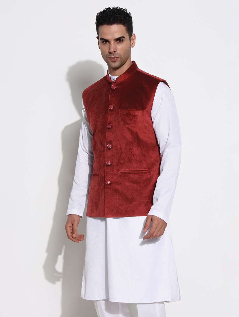men solid mandarin neck regular fit nehru jacket - 21933421 - Standard Image - 3