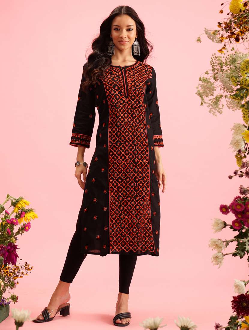 women chikankari three quarter sleeve straight kurta