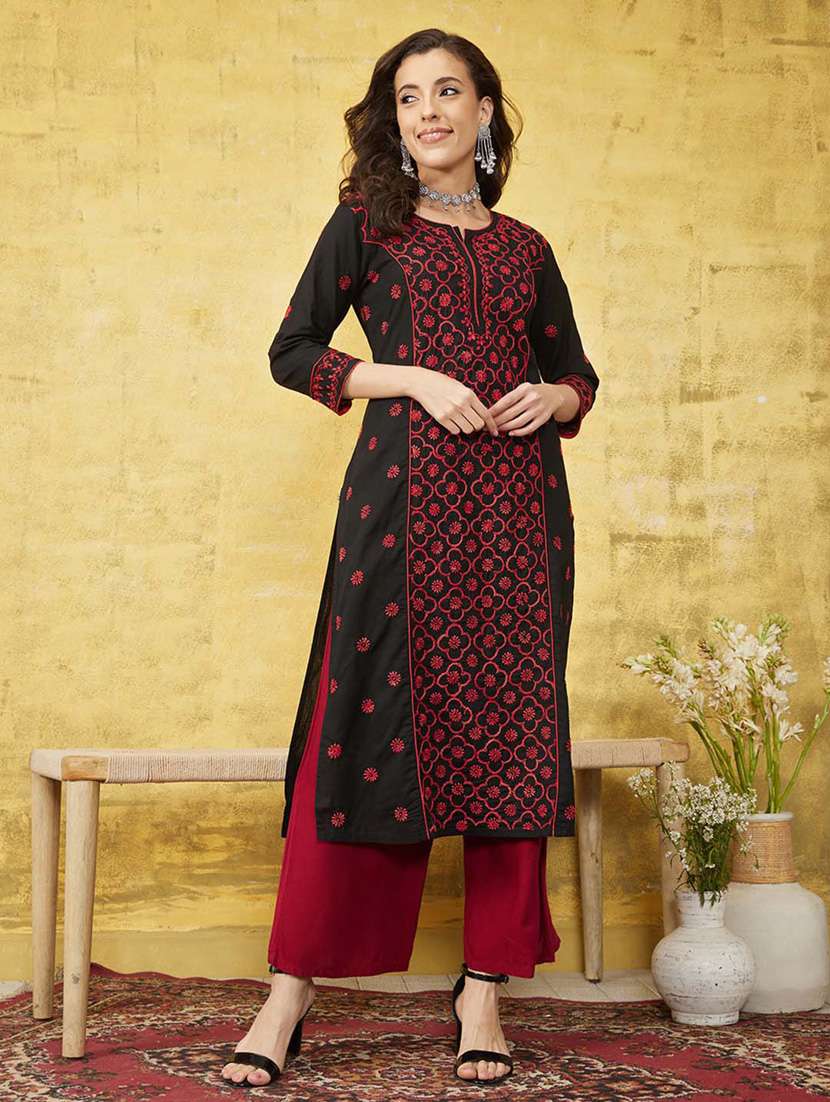 women chikankari three quarter sleeve straight kurta