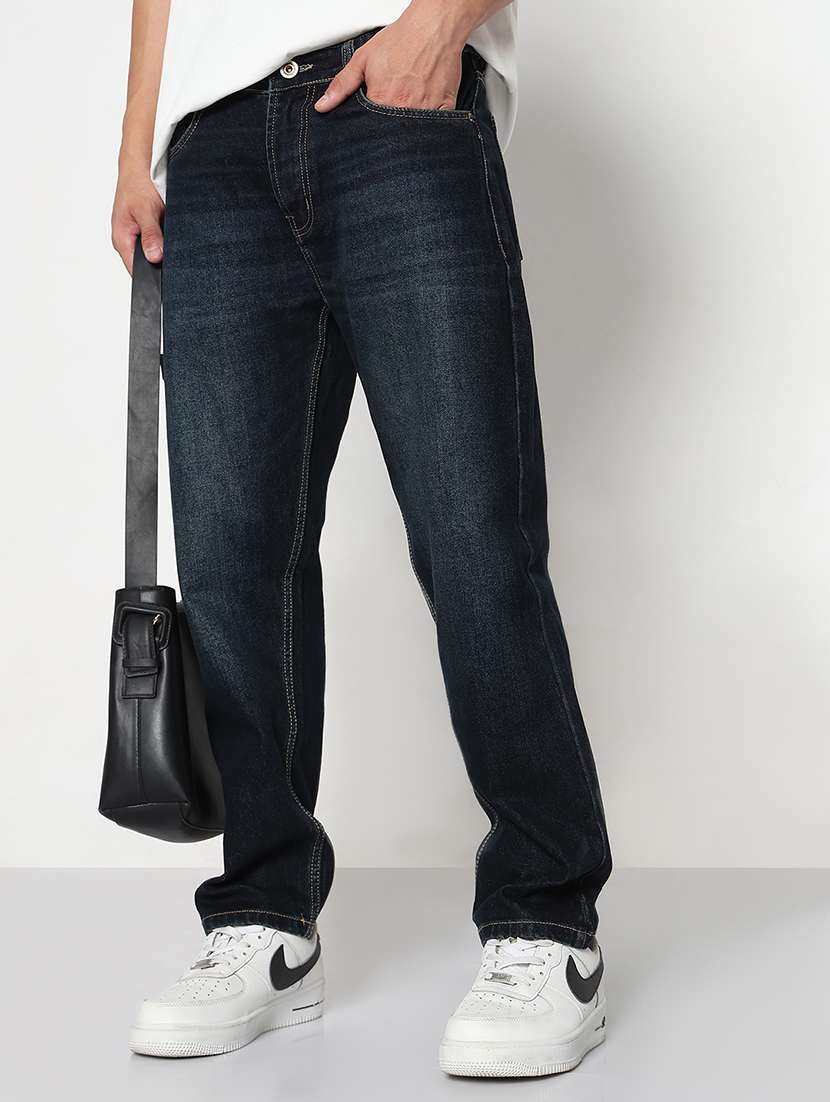 men navy blue mid rise full length jeans