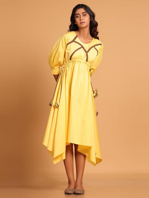 women solid puff sleeves asymmetric dress - 21933471 -  Standard Image - 0
