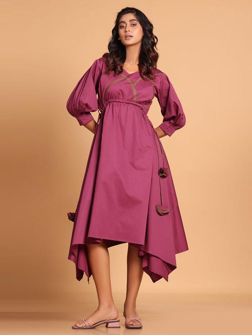 women solid puff sleeves asymmetric dress - 21933473 - Standard Image - 0