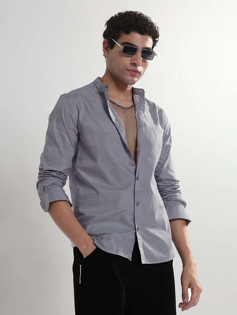 men striped long sleeve mandarin neck shirt