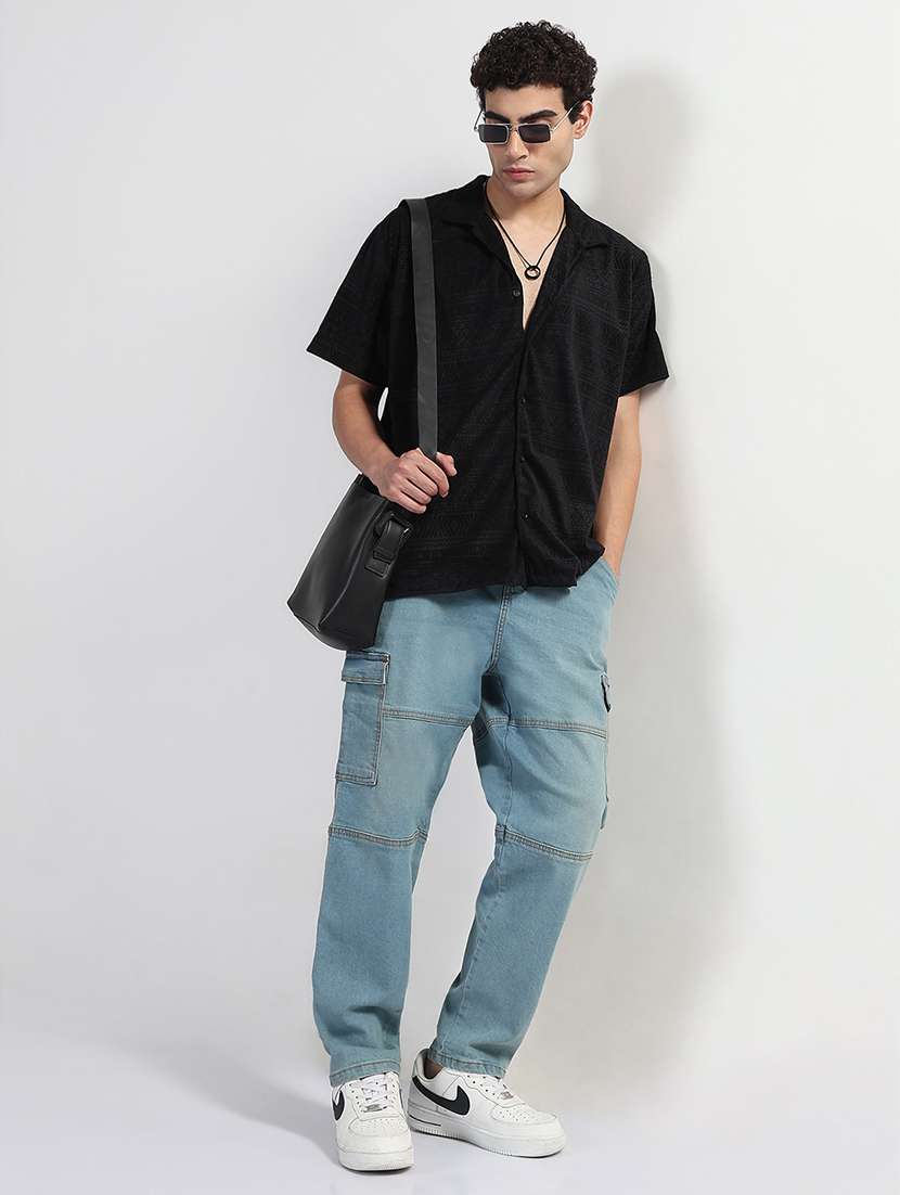 men textured cuban collar short sleeve loose fit shirt - 21933672 -  Standard Image - 5