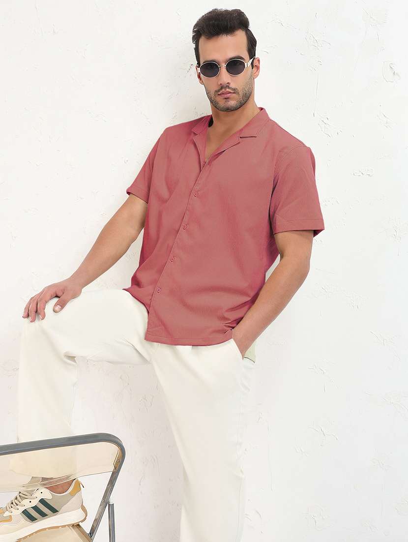 men solid cuban collar short sleeve shirt
