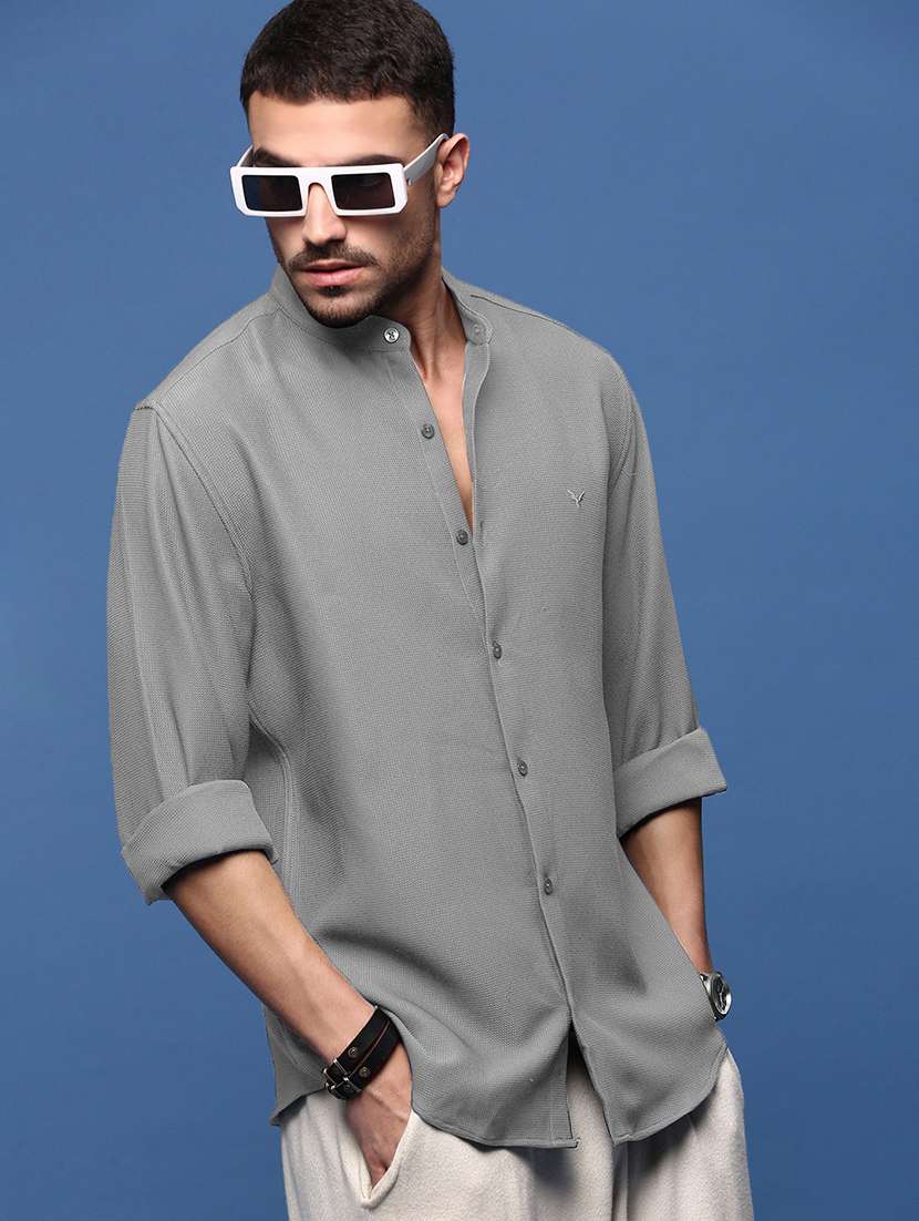 men printed long sleeve mandarin neck shirt