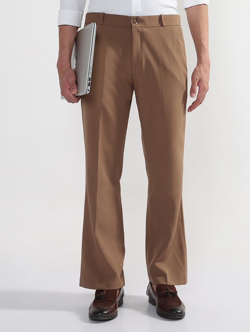men brown solid mid rise flat front formal trouser