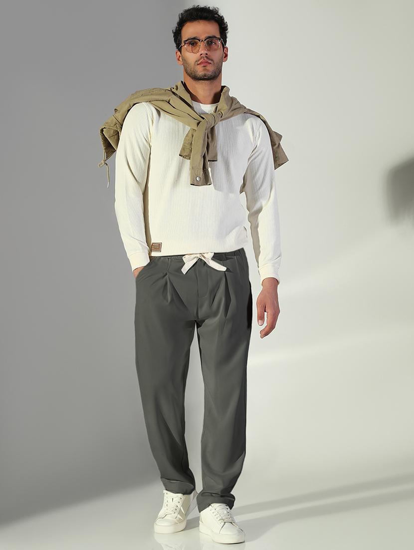 men grey solid low rise pleated casual trouser - 21933724 - Standard Image - 5