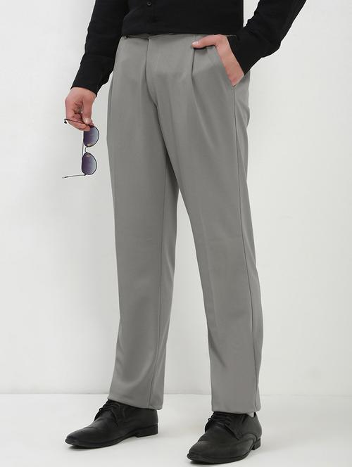 men grey solid low rise pleated formal trouser - 21933734 - Standard Image - 0