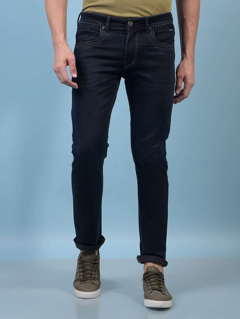 men navy blue mid rise full length jeans