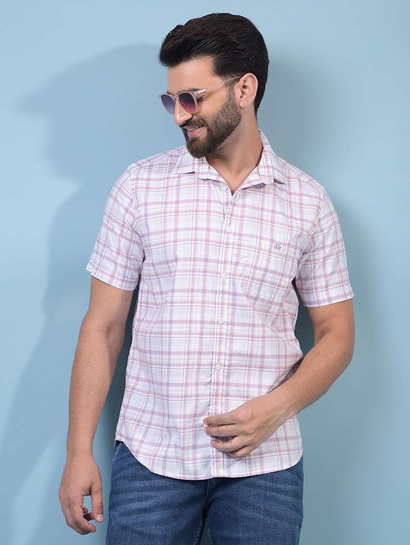 men checkered short sleeve slim fit casual shirt