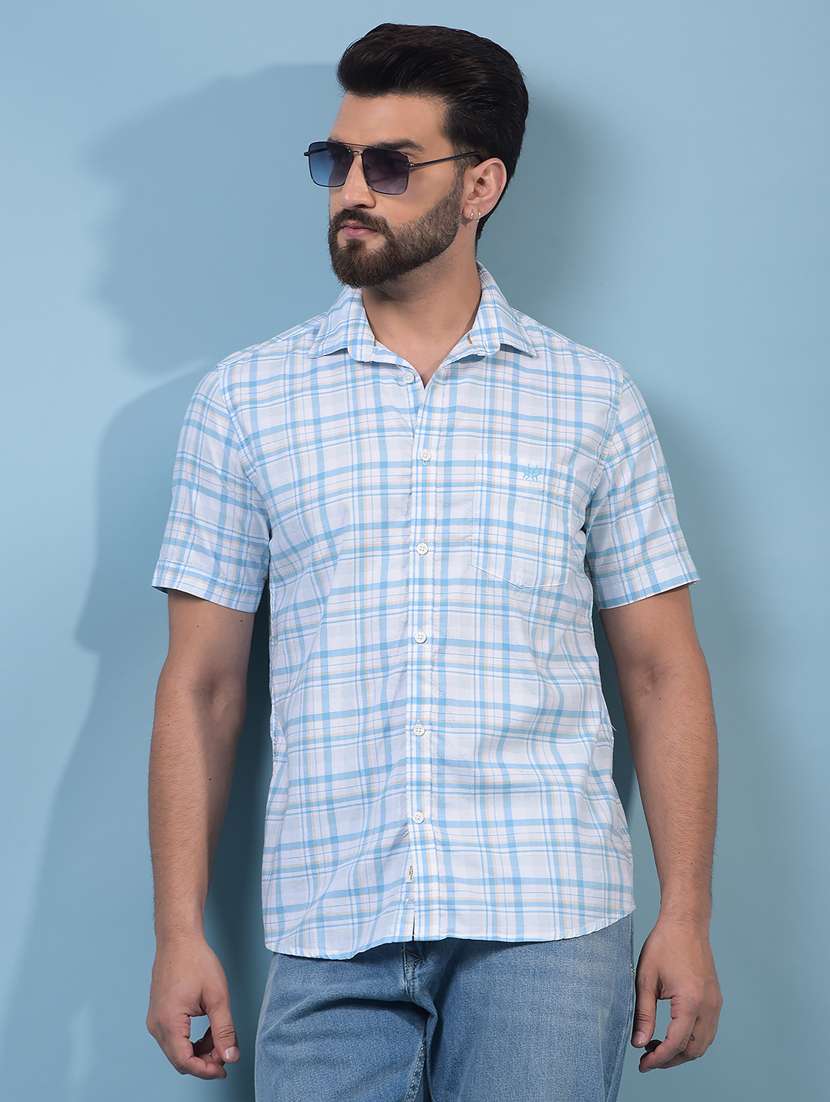 men checkered short sleeve slim fit casual shirt