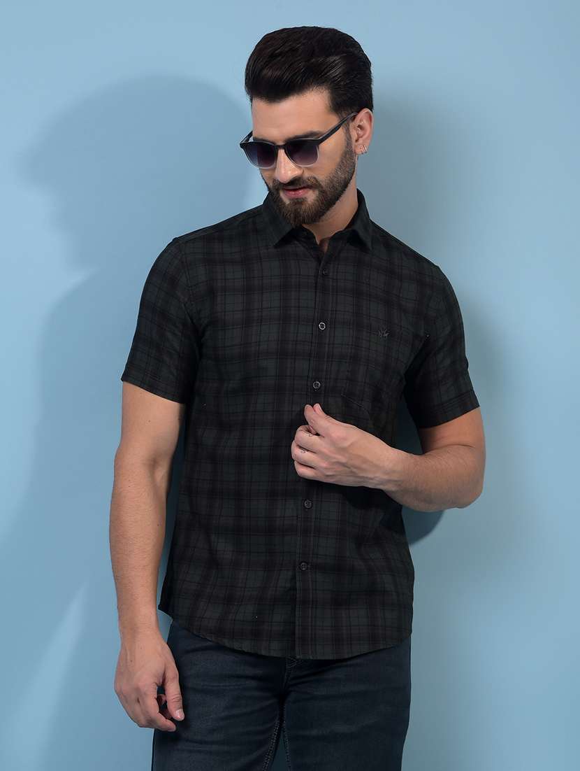 men checkered short sleeve slim fit casual shirt