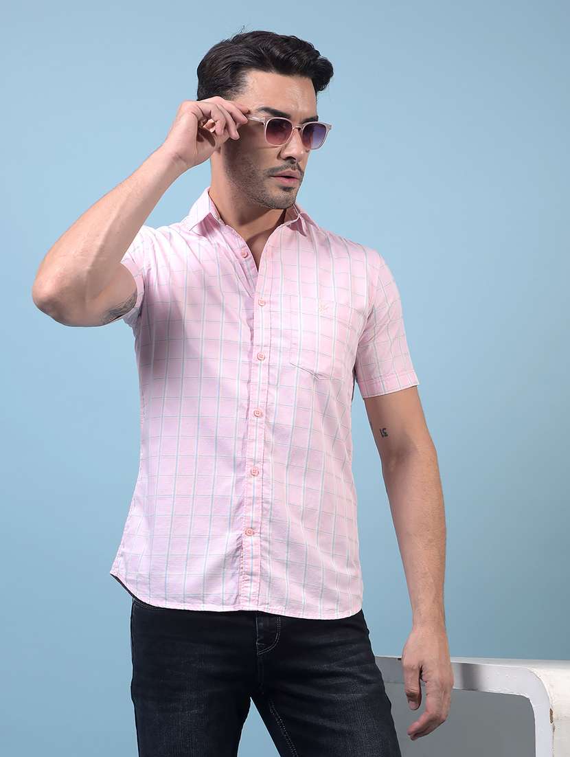 men checkered short sleeve slim fit casual shirt