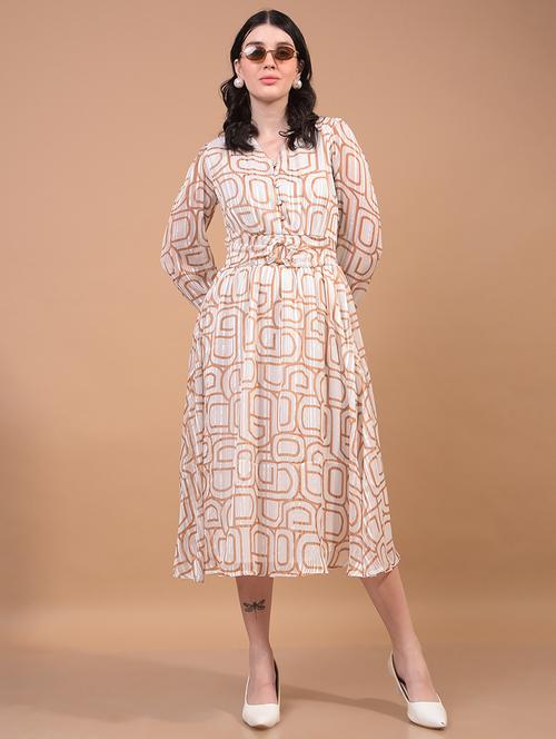 women printed puff sleeves fit & flare dress - 21933955 - Standard Image - 0