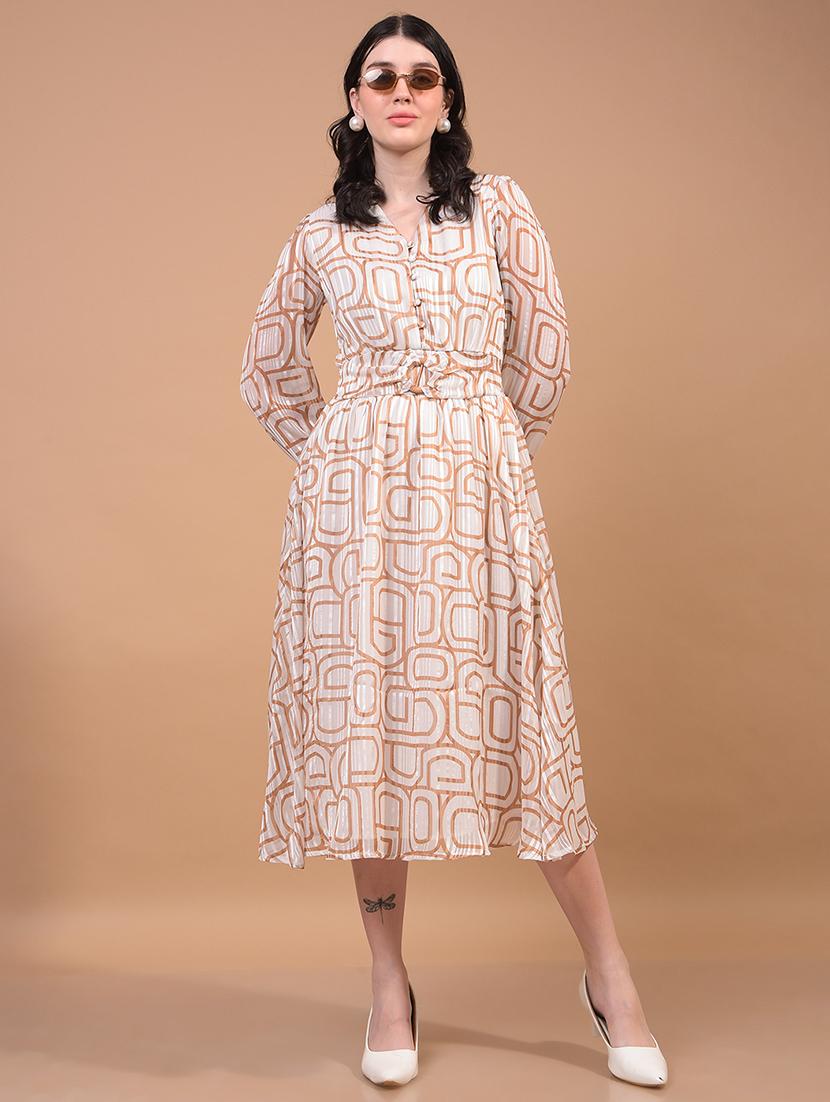 women printed puff sleeves fit & flare dress - 21933955 - Zoom Image - 0