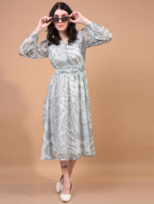 women animal print puff sleeves fit & flare dress - 21933956 - Standard Image - 0