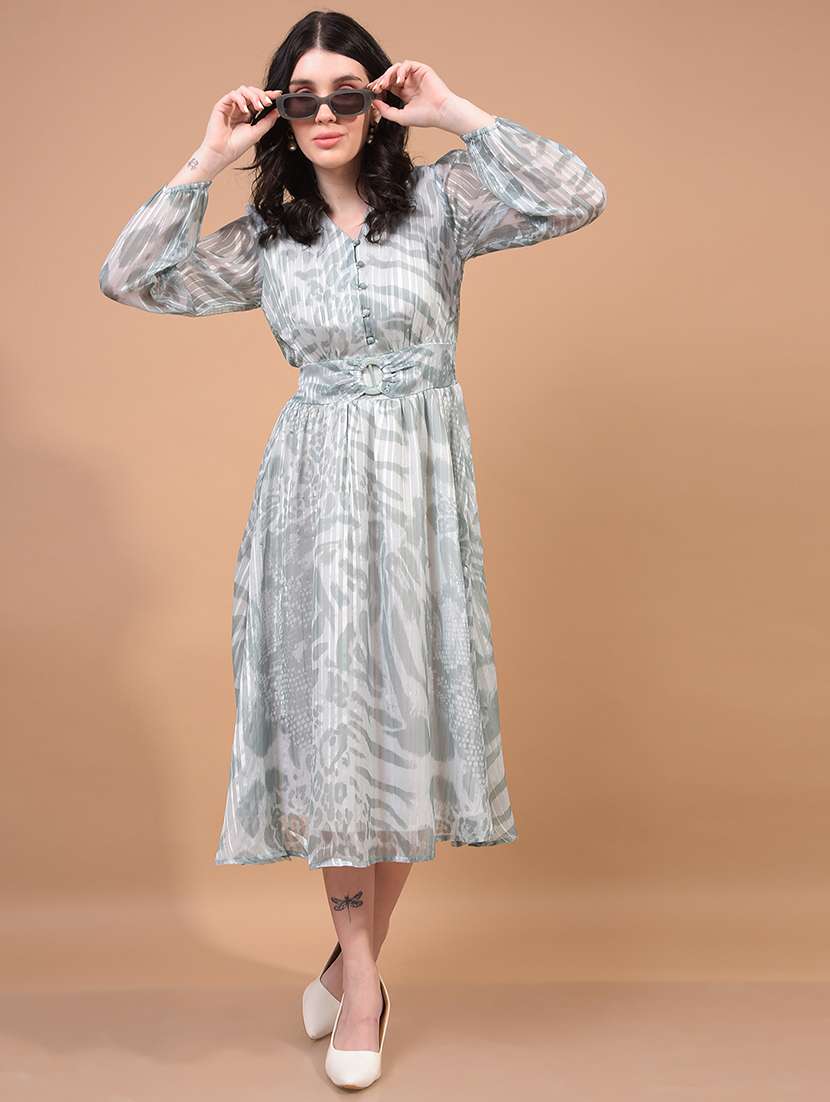 women animal print puff sleeves fit & flare dress - 21933956 - Zoom Image - 0