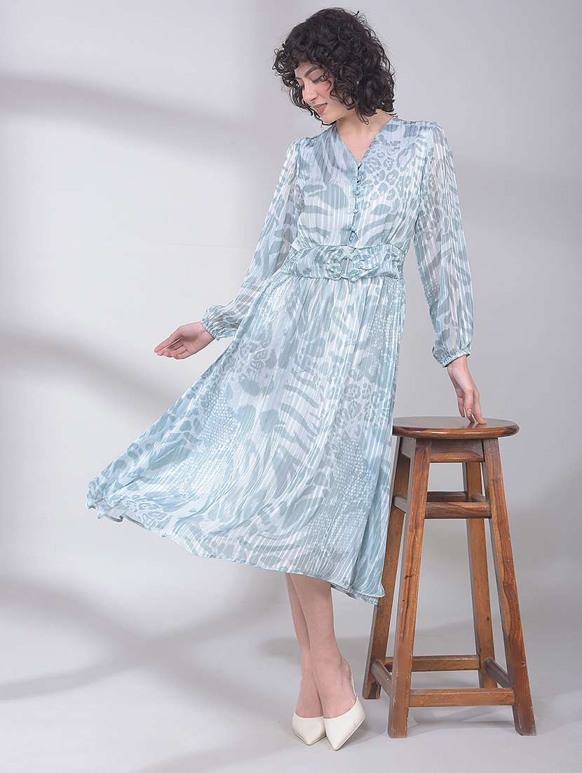 women animal print puff sleeves fit & flare dress